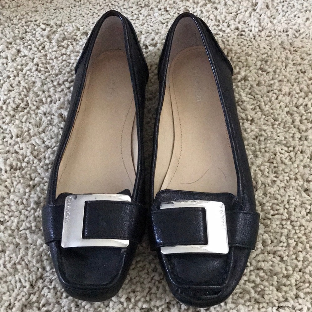 Calvin Klein black leather flats w/ silver buckle